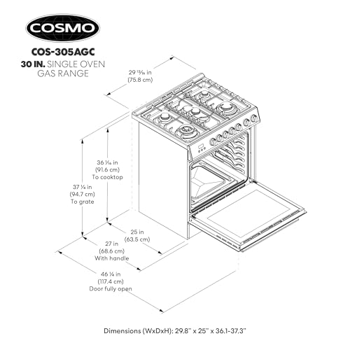 COSMO COS-305AGC 30 in. 5.0 cu. ft. Freestanding Single Oven Gas Range with 5 Burner Cooktop and Heavy Duty Cast Iron Grates in Stainless Steel