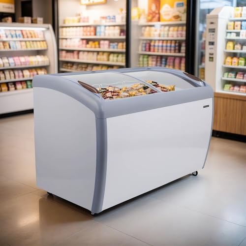 Frigidaire Commercial Chest Freezer for Ice Cream and Frozen Foods, Store Displayer, Glass Top Storage Case, 9 Cu. Ft. Bin, Rolling Caster Wheels, Adjustable Temperature, Energy Efficient Cooling