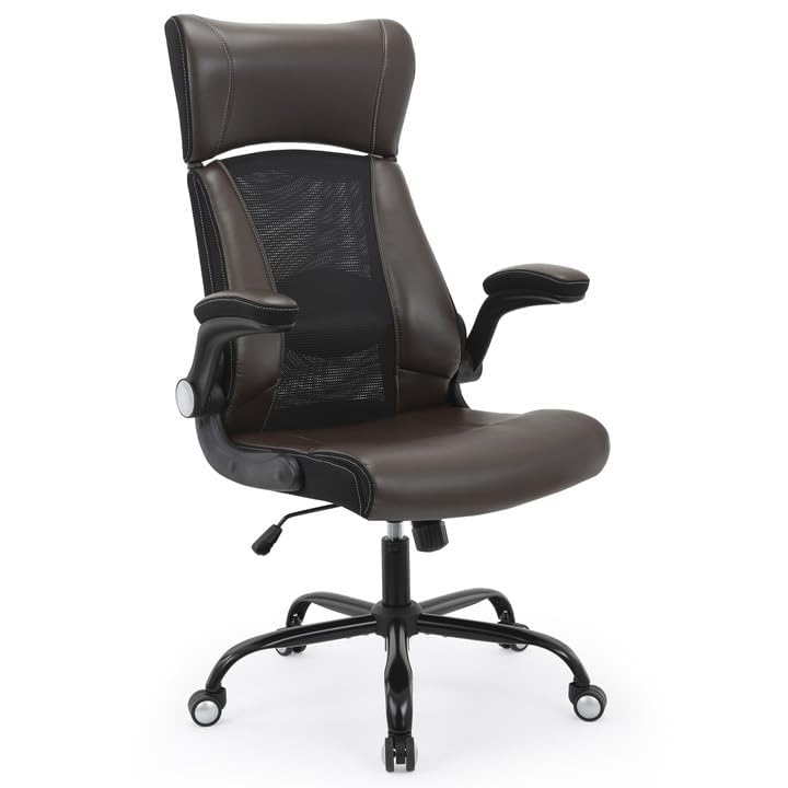 Clearance Executive Office Chair, Ergonomic Leather Desk Chair - Widened Adjustable Headrest with Flip-Up Arms, High Back Computer Swivel Task Chair with Lumbar Support, Brown