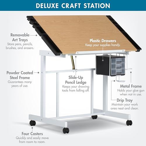 Studio Designs Deluxe Craft Station, Top Adjustable Drafting Table Craft Table Drawing Desk Hobby Table Writing Desk Studio Desk with Drawers, 36''W x 24''D, White / Maple