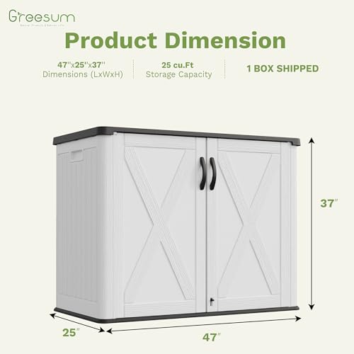 Greesum Outdoor Storage Cabinet, 25 CUFT Deck Box Without Shelves, Waterproof Plastic Storage Shed for Patio Cushions, Gardening Tools, Lockable and Sidehandles, UV Resistant, White