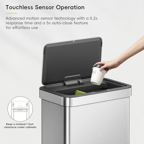 EKO Econova 30L+30L Dual Compartment Motion Sensor Trash Can, 16 Gallon Automatic Kitchen and Recycling Bin, Soft-Close Lid, Fingerprint-Resistant Stainless Steel Garbage Bin, 2 Inner Buckets