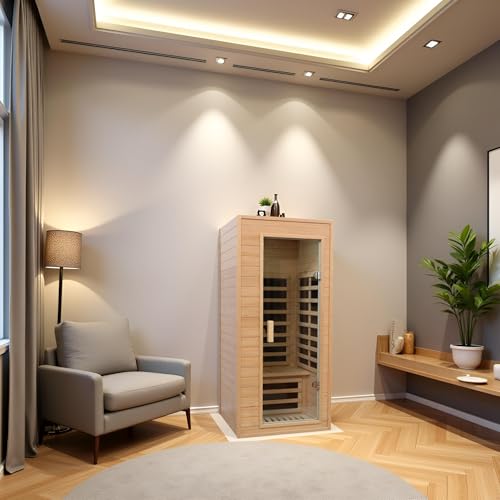Kanlanth 1 Person Infrared Sauna, Low EMF FAR Infrared Saunas for Home, 1200 watt Canadian Hemlock Indoor Sauna Room with LED Reading Lamp, LCD Display Control, Blue-Tooth Audio