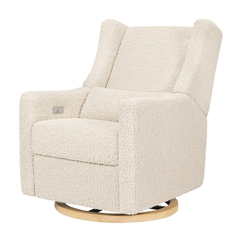 Babyletto Kiwi Glider Recliner Nursery Chair w/USB Ports - GREENGUARD Gold Certified - Water & Stain Resistant Glider Rocking Chair - Electronic, 270° Swivel, Almond Teddy Loop w/Light Wood Base