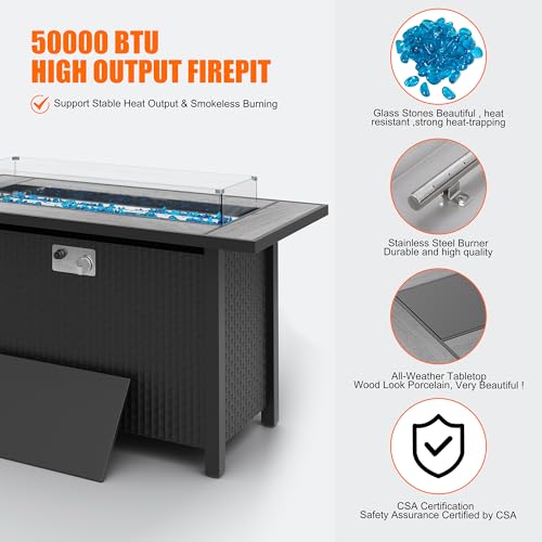 Walsunny 45 inch Outdoor Propane Fire Pit 50,000 BTU Gas Fire Pit Table with Lid, Glass Wind Guard, Waterproof Cover, Rectangle Gas Firepit Table for Garden/Patio, CSA Certification