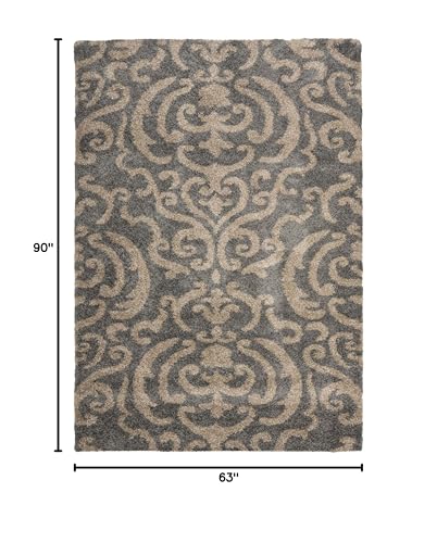 SAFAVIEH Florida Shag Collection Area Rug - 5'3" x 7'6", Grey & Beige, Damask Design, Non-Shedding & Easy Care, 1.2-inch Thick Ideal for High Traffic Areas in Living Room, Bedroom (SG462-8013)