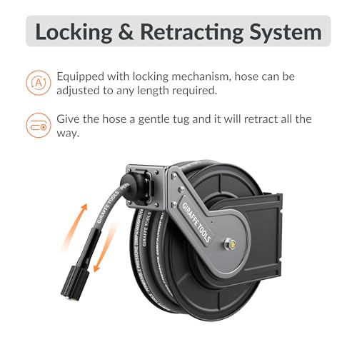 Giraffe Tools Pressure Washer Hose Reel 60ft, Power Washer Hose Reel, Pressure Washer Retractable Hose Reel, Heavy Duty, Wall/Floor Mounted, 4000 PSI, Dark Silver