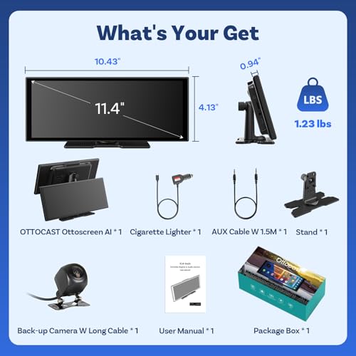OTTOCAST OttoScreen AI, 11.4" Portable CarPlay Screen for Car with YouTube and Backup Camera for iPhone(iOS 8+) Android Auto(Android 11+), Built-in Apps, Voice Control, Android 15 OS