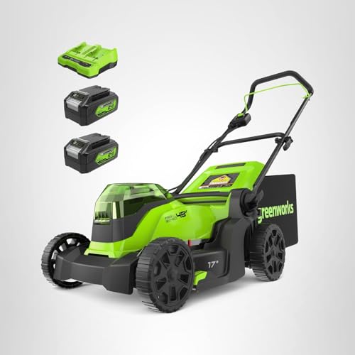 Greenworks 48V (24V x 2) 17" Brushless Cordless Push Lawn Mower, Includes (2) 4.0Ah Batteries and Dual Port Rapid Charger((200+ Compatible Tools, 45Min Runtime)