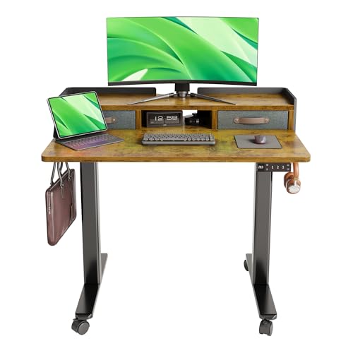 Claiks Standing Desk with Drawers, Adjustable Stand Up Electric Small Standing Desk Adjustable Height with Storage Shelf and Splice Board, 40 Inch, Rustic Brown