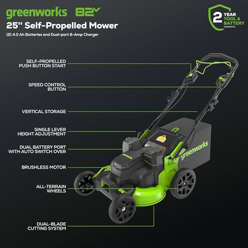 Greenworks 82V 25” Brushless (Self-Propelled) Cordless Lawn Mower, (2) 4.0Ah Batteries and Dual Port Rapid Charger (Great for Landscapers and Professionals)
