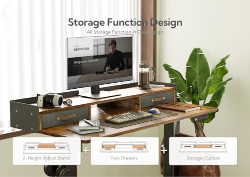 Claiks Standing Desk with Drawers, Adjustable Stand Up Electric Small Standing Desk Adjustable Height with Storage Shelf and Splice Board, 40 Inch, Rustic Brown