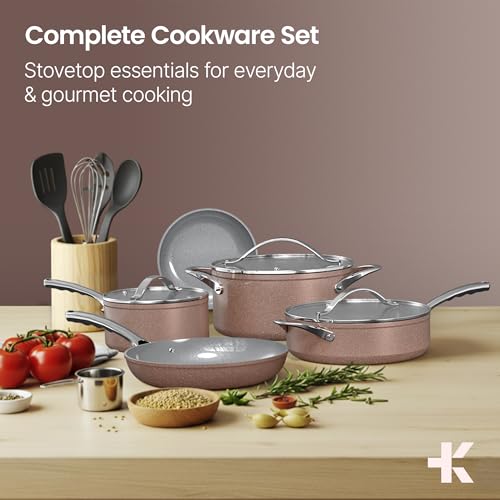Crystal Kung Minkoff Ceramic Cookware Set – 14-Piece Pots and Pans Set with Lids, Silicone Utensils & Oven Mitts, Nonstick and Non-Toxic, PTFE/PFAS Free, Dishwasher & Stovetop Safe Up to 500°F