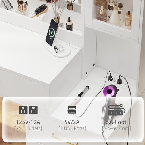 lertrugs Makeup Vanity Desk with Mirror and Lights, 51”Makeup Vanity Table with Lighted Mirror, Nightstand Dressing Table with Mirror and Lights, Big Vanity with 6 Drawers & Lots Storage Space White