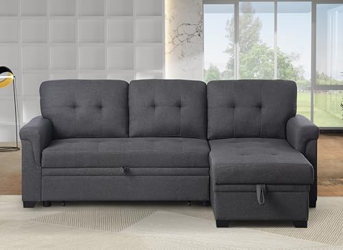 ERYE 83-inch Pull Out Sleeper Couch Bed, L-Shaped Reversible Sleeper Sectional Sofa Linen Blend Tufted Upholstered Corner Convertible Sofa Bed with Storage Chaise