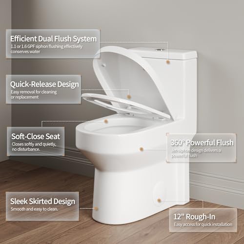 DeerValley Compact One Piece Toilet with Comfortable Seat Height Modern Standard Toilet for Small Bathroom Dual Flush 1.1/1.6 GPF Powerful & Quiet 12'' Rough-In Skirted Toilets