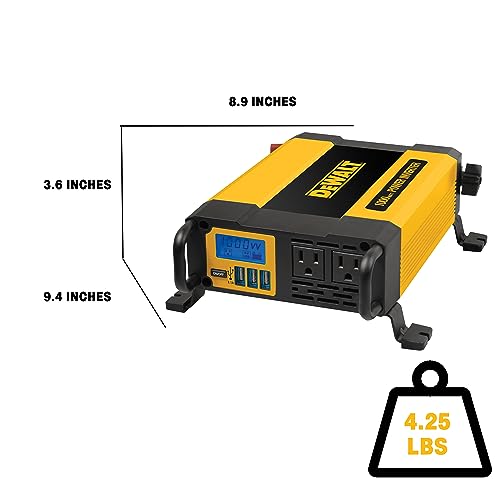 DEWALT DXAEPI1000 Power Inverter 1000W Car Converter with LCD Display: Dual 120V AC Outlets, 3.1A USB Ports, 12V DC Adapter, Battery Clamps