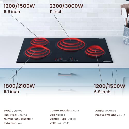 Rangaire RCI301S 30" Induction Cooktop, 8100W, 4 Burners, Built-in Stove Top, Booster & Timer, 9 Power Levels, Slide Touch Control, Child Safety Lock, 240V Hard Wire, Ceramic Surface