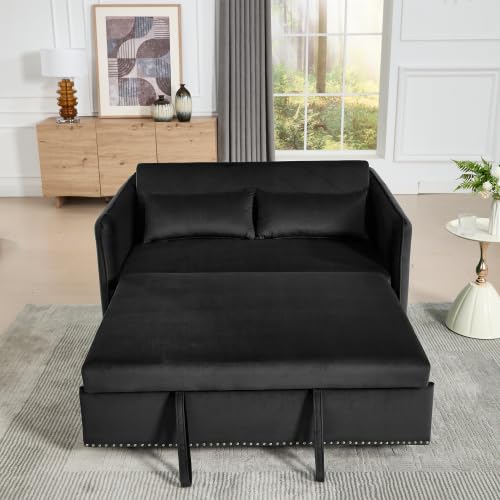 Trygoal 3 in 1 Convertible Sofa Bed, Pull Out Couch with Side Pockets, Velvet Fabric Loveseat Sleeper Sofa Bed, Pull Out Couch with Adjustable Backrest for Living Room, Bedroom, Apartment, Black