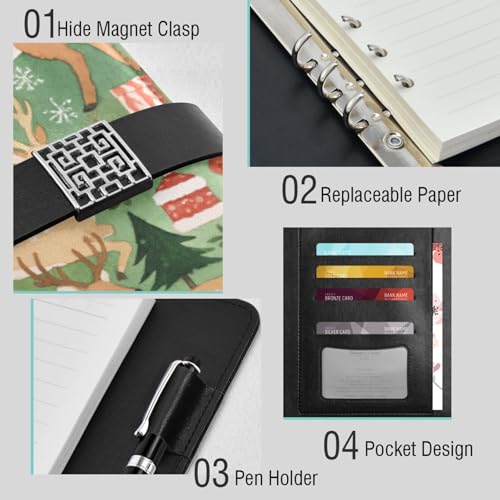 DIGTIA Christmas Deer Trees Gifts Snowflakes PU Leather Notebook A5 Binder 6 Ring Refillable Journal with Magnetic Buckle Closure Loose Leaf Travel Office Planner Budget Binder Notepad Portfolio,