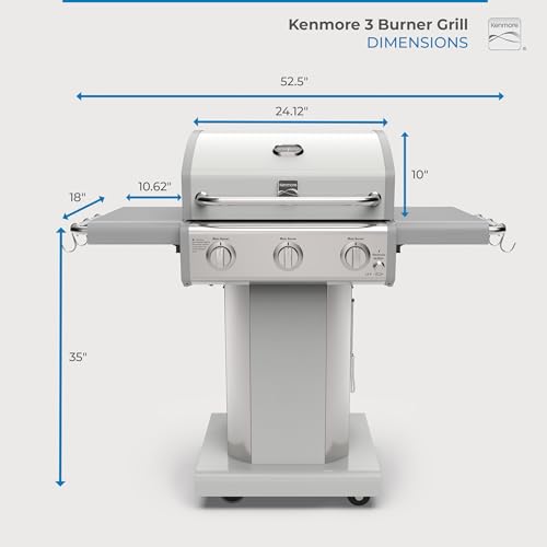 Kenmore 3-Burner Outdoor BBQ Grill | Liquid Propane Barbecue Gas Grill with Folding Sides, PG-A4030400LD-PE, Pedestal Grill with Wheels, 30000 BTU, Pearl White