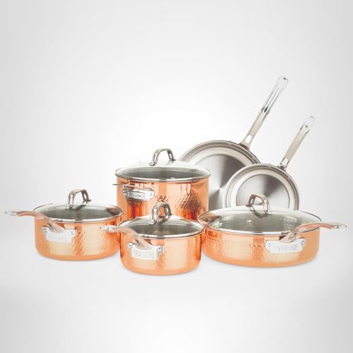 Viking 3-Ply Pots and Pans Set, 10 Piece Copper Kitchen Cookware with Glass Lids, Hammered Copper