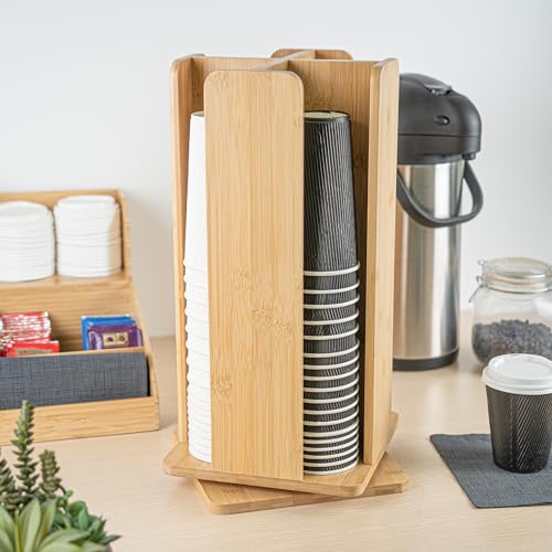Restaurantware Restpresso 9 x 18 Inch Coffee Cup and Lid Organizer 1 Revolving Cup and Lid Holder - 4 Section Countertop Natural Bamboo Cup and Lid Dispenser For Restaurants Homes or Offices