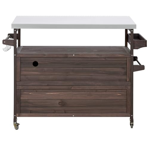 Jintop 50.25" Kitchen Island Rolling Bar Cart & Storage Cabinet, Farmhouse Solid Wood Outdoor Grill Table with Stainless Steel Top and Spice, Towel Rack for BBQ,Dark Brown