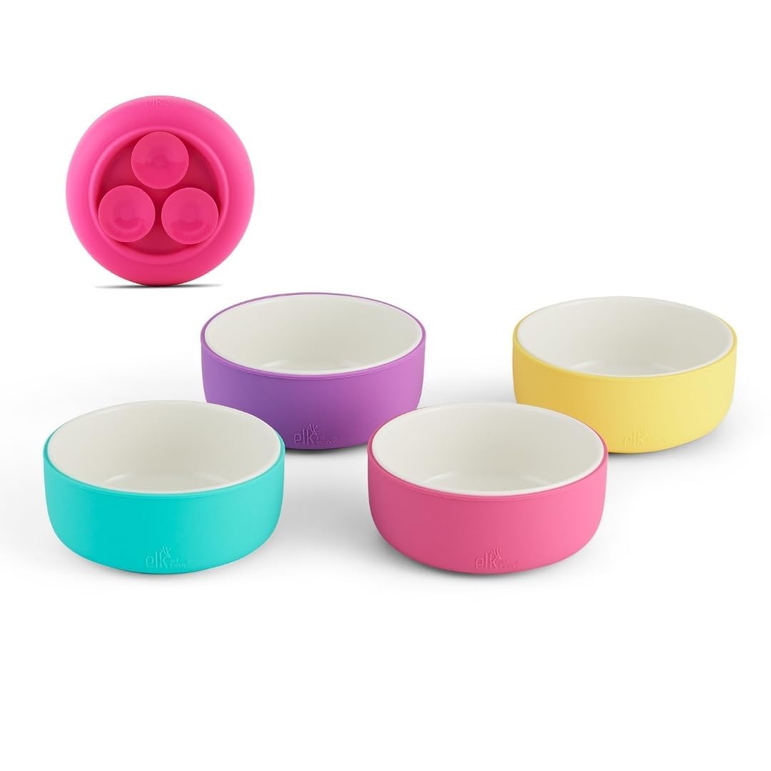 Elk and Friends Kids Porcelain Bowls with Silicone Sleeve | Kids/Toddler/Baby Feeding | Microwave & Dishwasher Safe | Non slip | Cereal/Soup/Snack Dishes & Dinnerware
