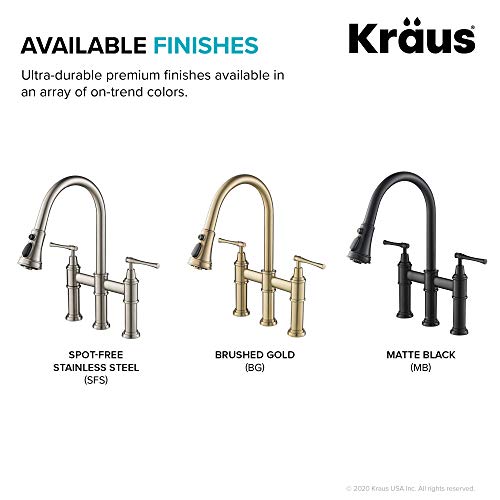 KRAUS Allyn Transitional Bridge Kitchen Faucet with Pull-Down Sprayhead in Brushed Gold, KPF-3121BG