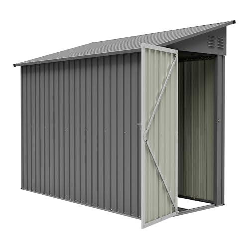 YOPTO 4×8 FT Lean to Metal Shed,Outdoor Heavy-Duty Storage Shed with Floor Base,All Weather Waterproof Garden Tool House W/Lockable Door&2 Air Vents,Reversible Door Design,for Backyard,Patio,Lawn,Gray