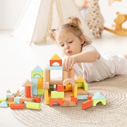 MEEYOO 100pcs Wooden Blocks for Toddlers 1-3, Building Blocks for Toddlers 1-3, Wooden Block for Baby Shower with Storage Bucket, Montessori Toys for Preschool Girls and Boys