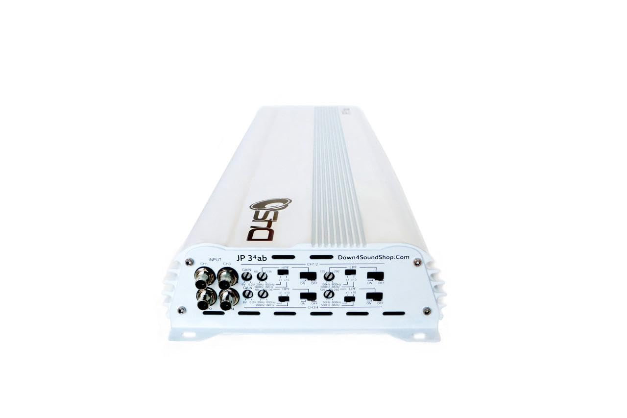 DOWN4SOUND JP34 AB White Gloss 4 Channel Car Audio Amplifier | 590W RMS Class AB Power Amp | Car Stereo Speaker Amplifier | High-Performance Automotive Sound