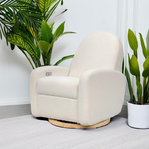 Babyletto Nami Electronic Power Recliner and Swivel Glider with USB Port in Ivory Boucle with Light Wood Base, Greenguard Gold and CertiPUR-US Certified