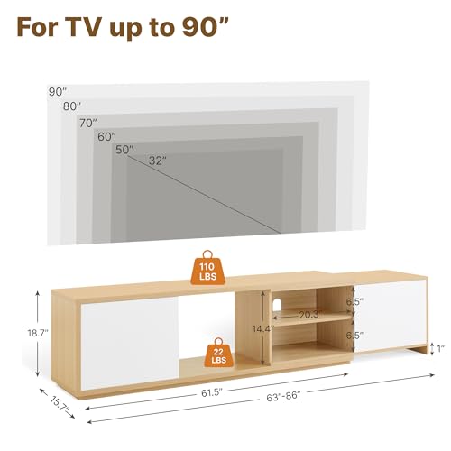 KISLOT Extendable TV Stand for TVs up to 90",Modern Entertainment Center with Adjustable Shelf,Television Stand with 2 Storage Cabinets,Wooden TV Media Console for Living Room Bedroom Natural Oak
