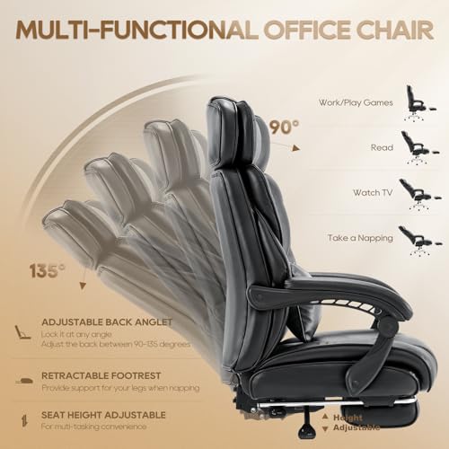 High Back Office Chair with Retractable Footrest & Lumbar Pillow, Ergonomic Bonded Leather Executive Desk Chair, Thick Padded Cushion, 90–135° Reclining Chair for Home Office,Black