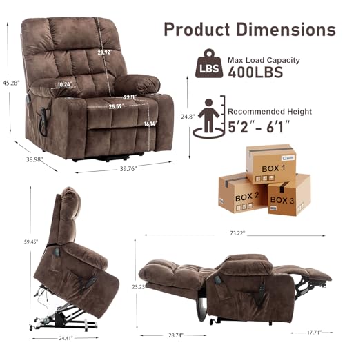 Oversized Power Recliner Chair for Big and Tall 400 LBS, 25.5" Extra Wide Electric Lift Chair with Heat and Massage, Dual Motor 180° Lay Flat Recliner Living Room Sofa, Velvet Big Lift Recliner