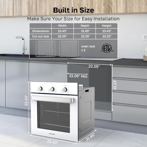 24" Single Wall Oven, ThermoMate 2.8 Cu.ft. Electric Wall Oven with 5 Cooking Functions, White Built-in Ovens with Mechanical Knobs Control, ETL Certified