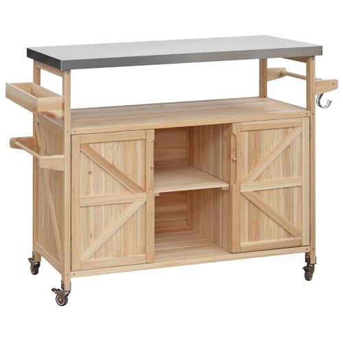 Ball & Cast Outdoor Kitchen Island,Rolling Bar Cart & Storage Cabinet,Farmhouse Solid Wood Outdoor Grill Table with Stainless Steel Top,Spice and Towel Rack,for Kitchen,Barbecue,Natural,50.25"
