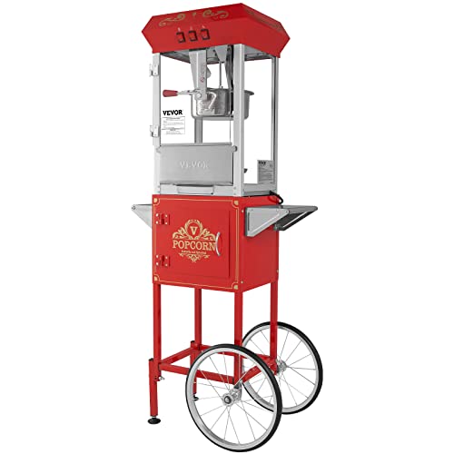 VEVOR Commercial Popcorn Machine, 8 Oz Kettle, 850 W Popcorn Maker on Wheels for 48 Cups per Batch, Theater Style Popper with 3-Switch Control Steel Frame Tempered Glass Doors Cart 1 Scoop 2 Spoons
