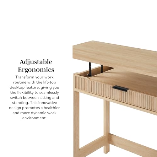WALKER EDISON Transitional Style Furniture, Reeded Detail, Lift-Top Desk with Drawer and Storage Cubby, Sitting to Standing Desk, Soft Self-Close Desktop, 38”W x 16.75”D x 30”H, Coastal Oak