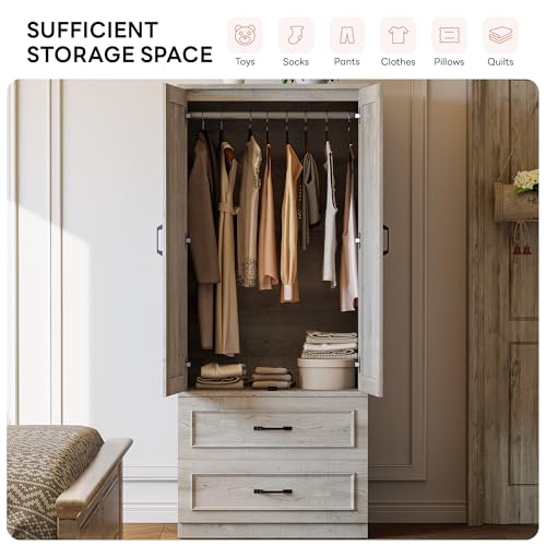 LIKIMIO Armoire Wardrobe Closet with 2 Doors and 2 Drawers 70" H x 28" W Wooden Bedroom Freestanding Wardrobe Combination for Hanging Clothes, Rustic Maple