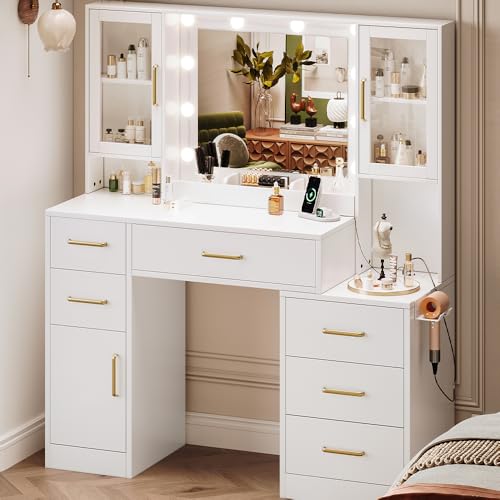 lertrugs Makeup Vanity Desk with Mirror and Lights, 51”Makeup Vanity Table with Lighted Mirror, Nightstand Dressing Table with Mirror and Lights, Big Vanity with 6 Drawers & Lots Storage Space White