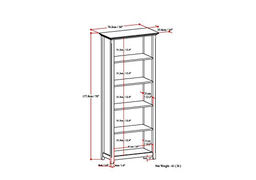 SIMPLIHOME Amherst Bookcase - 70 inch Tall 5-Shelf Solid Wood Bookshelf in Russet Brown, Transitional Storage for Living Room, Study Room or Office with Adjustable Shelves and Tapered Legs