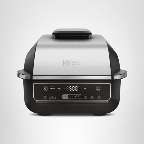 Ninja EG201 Foodi 6-in-1 Indoor Grill with Air Fry, Roast, Bake, Broil, & Dehydrate, 2nd Generation, Dishwasher Safe, Black/Silver