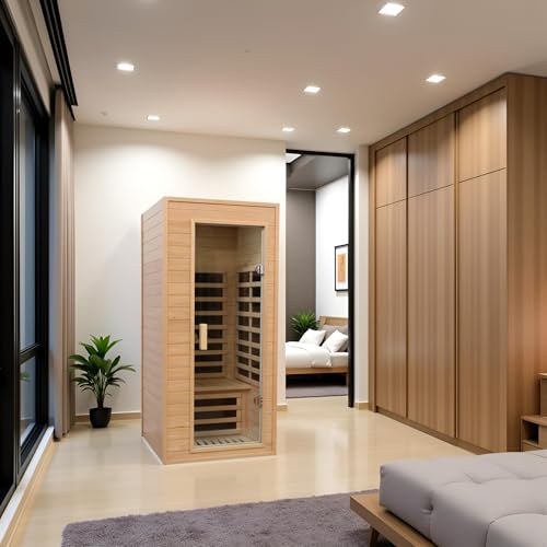Kanlanth 1 Person Infrared Sauna, Low EMF FAR Infrared Saunas for Home, 1200 watt Canadian Hemlock Indoor Sauna Room with LED Reading Lamp, LCD Display Control, Blue-Tooth Audio