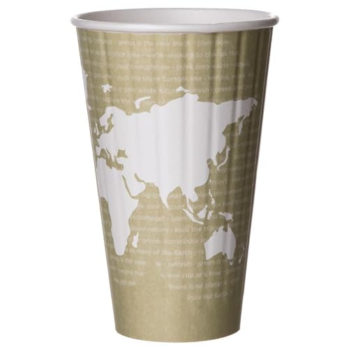 ECO PRODUCTS Compostable Disposable Insulated World Art 16oz Large Coffee Cups, Case of 600, Renewable Double-wall Hot Paper Cup, Plant Based PLA Lining, No Sleeves Needed, Color Coded