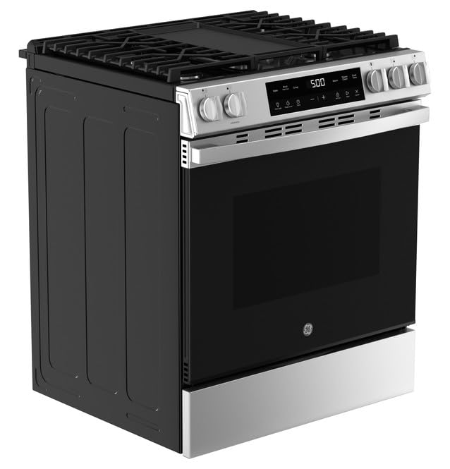 GE 30" Slide-In Front-Control Gas Range, 5.3 Cu. Ft. Oven, 5 Sealed Burners, Crisp Mode & Steam Clean, Stainless Steel – GGS500SVSS