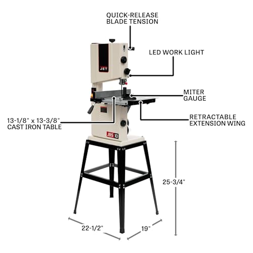 JET 10-Inch Woodworking Band Saw with Stand, 1/2 HP, 115V 1Ph (JWB-10)
