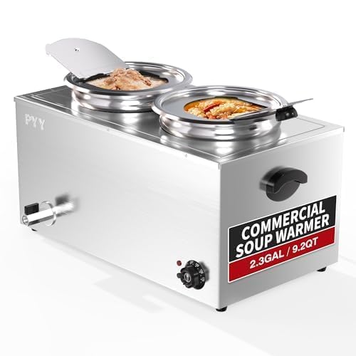 PYY Soup Warmer Commercial - Two 11.6QT Stainless Steel Bain Marie Round Pot 86~185°F Adjustable Temp, 1500W Electric Soup Warmer Countertop with Anti-Dry Burn and Reset Button for Restaurant, Buffet